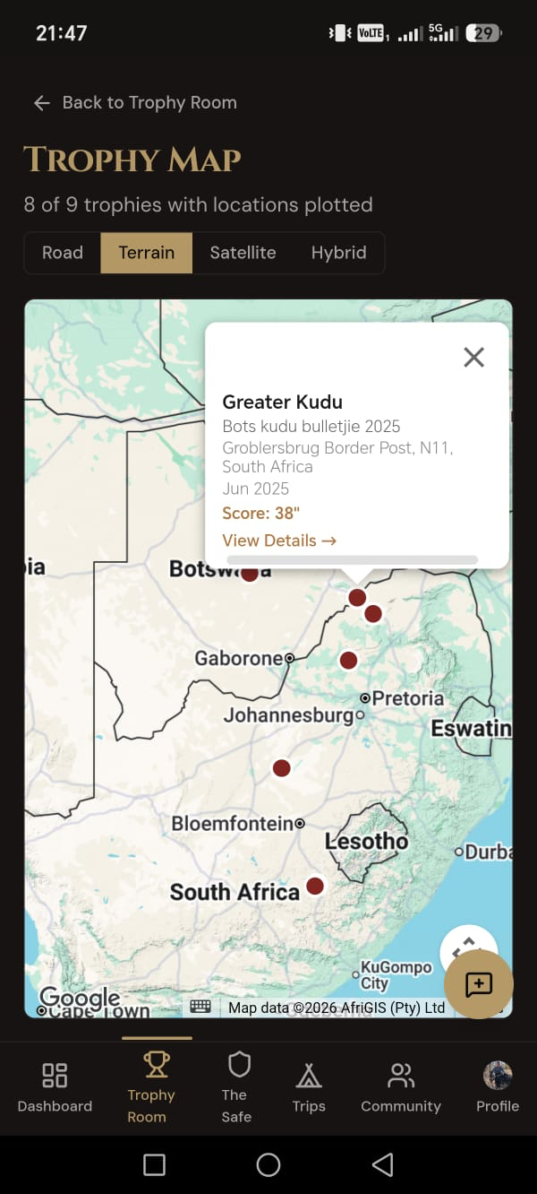 Honor the Hunt Trophy Map showing trophy locations across southern Africa and a Greater Kudu record.